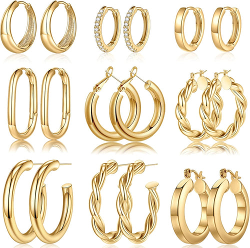 9 Pairs Gold Hoop Earrings for Women, 14K Real Gold Plated Chunky Hoop Earrings Set for Women Hypoallergenic Thick Lightweight Earring for Womens Jewelry Gifts