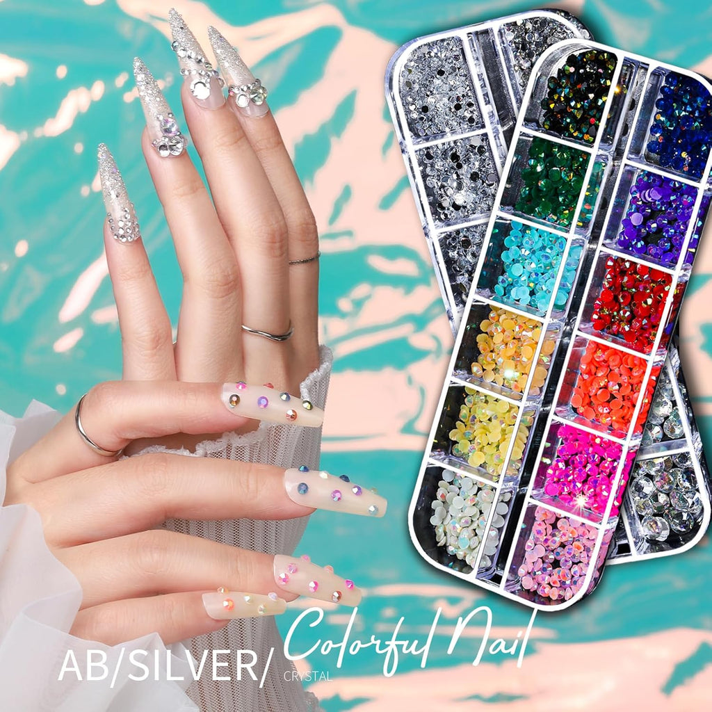 Nail Charms Nail Gems with 15 Sheets Gold Nail Stickers, 6 Boxes of Rhinestones for Nails Art Tools, 3D Nail Decals Pearls for Nails