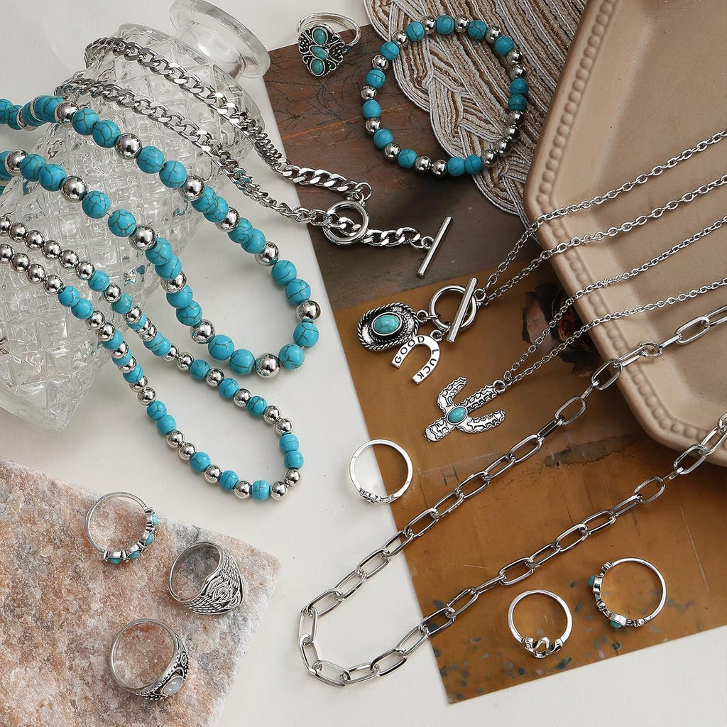 Bohemian Jewelry Set with Turquoise Necklace, Dangle Earrings, Stackable Bangle Bracelets, Knuckle Rings for Women Vintage Western Boho Turquoise Anniversary Birthday Friendship Gift