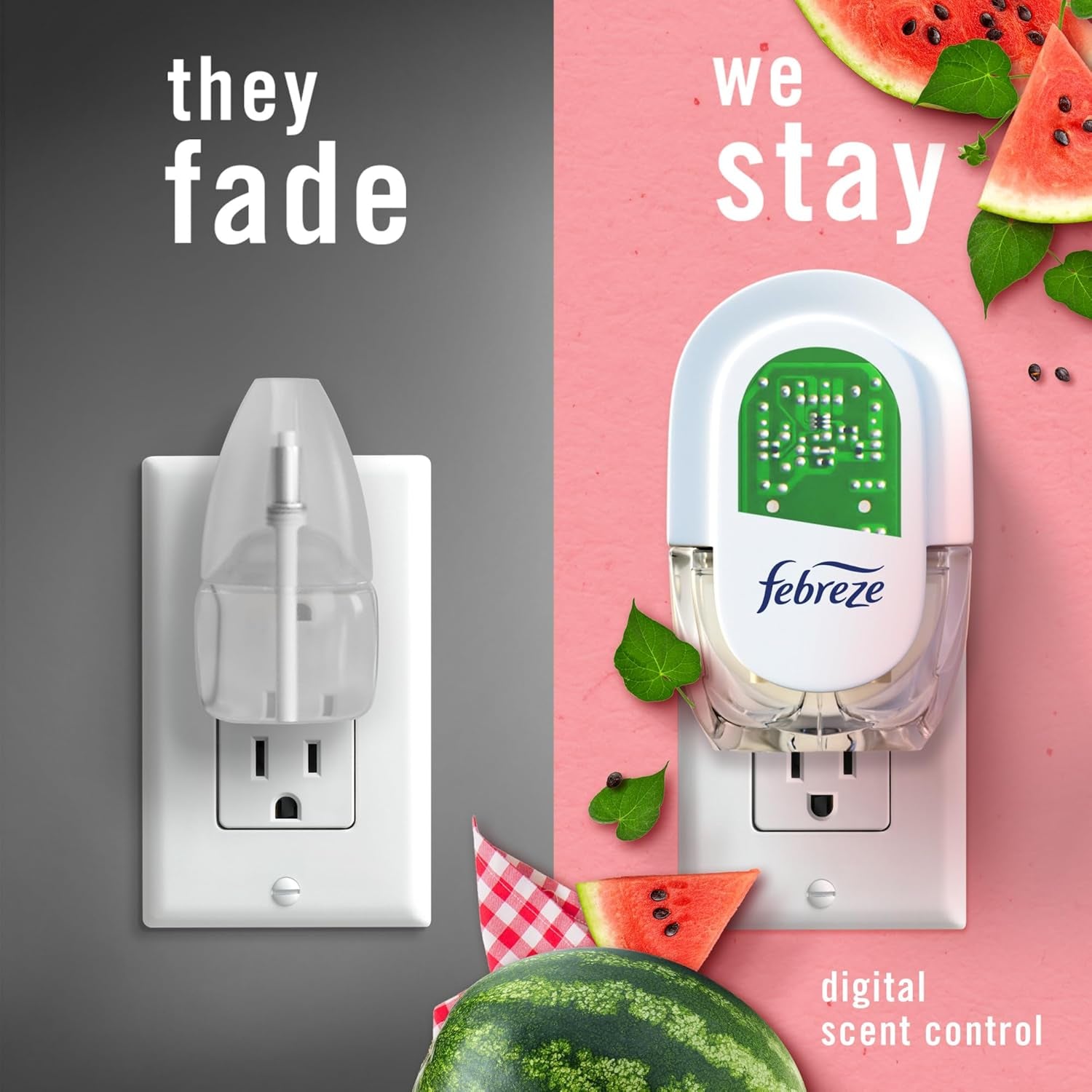 Odor-Fighting Fade Defy PLUG Air Freshener, Southern Lilac Mornings, Sweet Watermelon Vine, Pack of 4 (2 of Each), .79 Fl. Oz. Oil Refill
