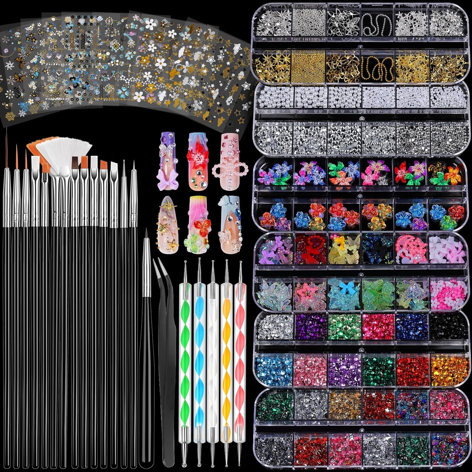 Nail Charms and Nail Brushes, Nail Accessories Kit with 15 Pcs Nail Art Brushes, 6 Box Nail Charms and Gems, 10 Pcs Flower Nail Stickers, 5 Pcs Dotting Tools, Nail Art Kit with Nail Brush