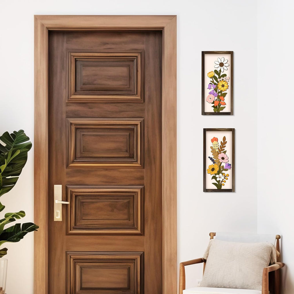3D Floral Wall Art, 2 Set Rustic Wood Boho Flower with Vase Framed Wall Decor for Bathroom Living Room Bedroom Office Housewarming Gift, Ready to Hang Plaque Sculptures (White-A, 6L" X 12W", Framed)