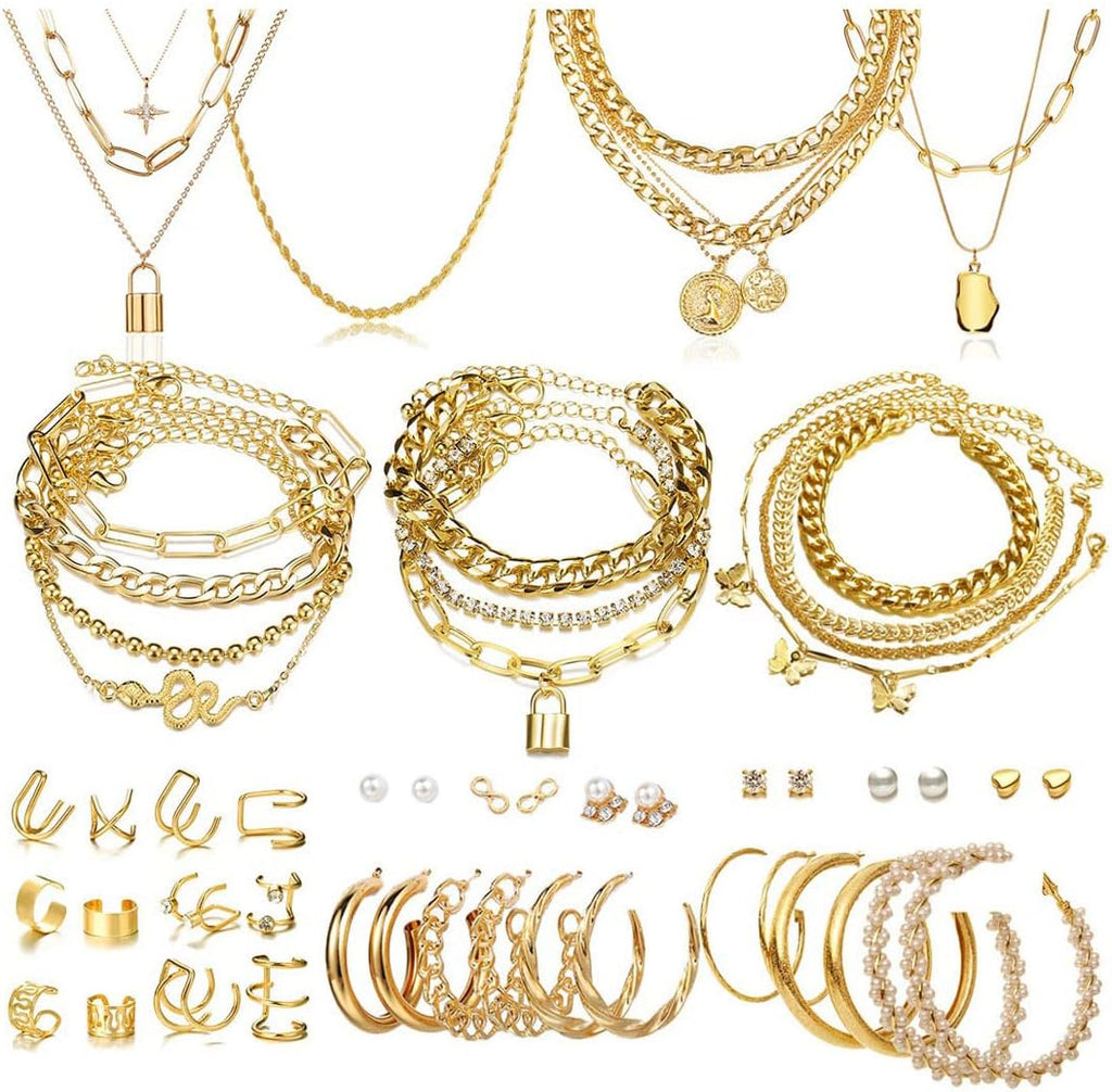 60 PCS Gold Jewelry Set with Multi-Layered Bracelet Necklace, Dangle Earrings, Stackable Ring for Women Valentine Anniversary Jewelry Pack Gifts for Her