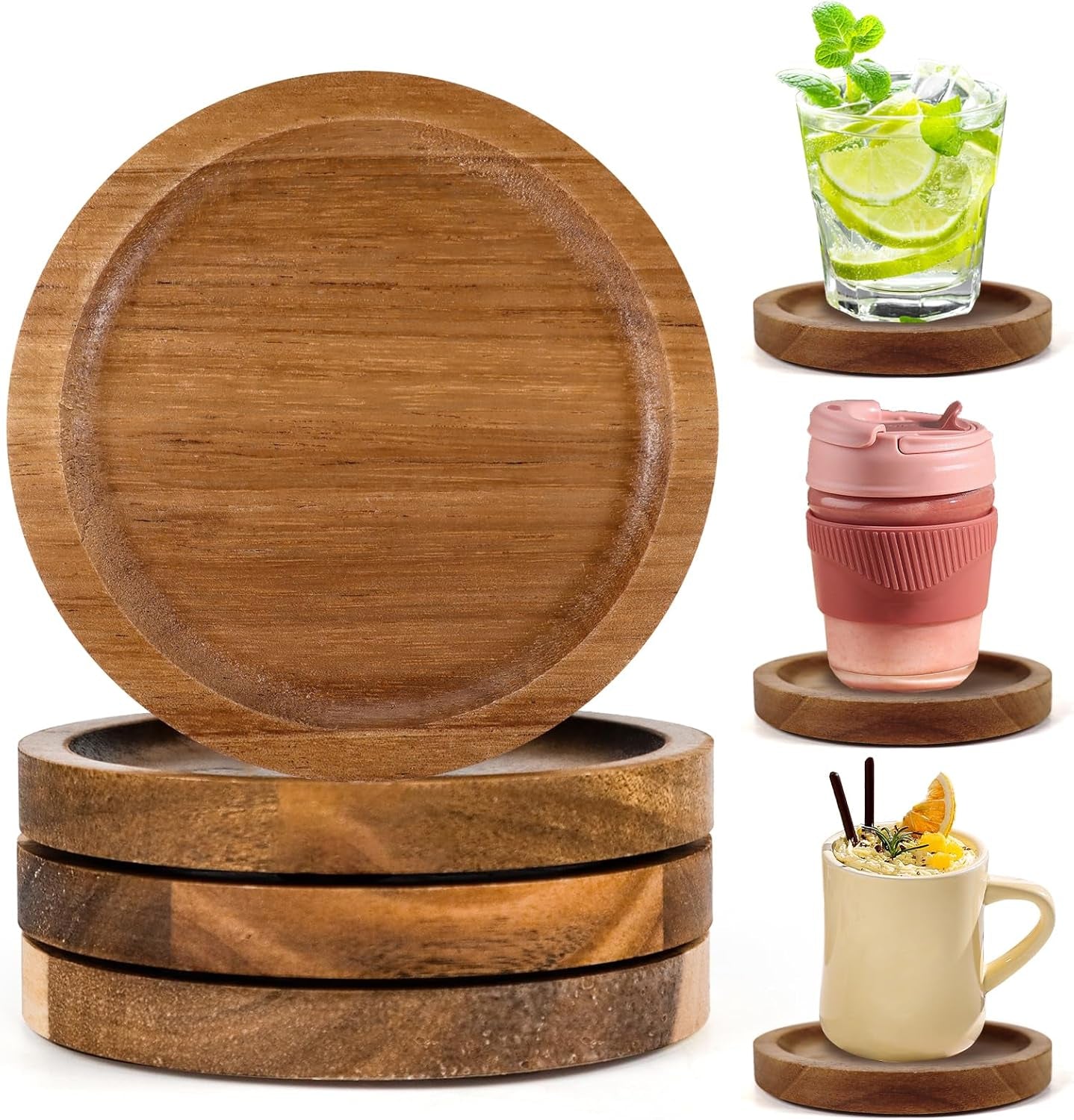 Acacia Wood Coasters Set of 4 with Holder – Natural Wooden Drink Coasters with Foam Feet, Anti-Slip & Heat-Resistant – Elegant Rustic Home Decor & Perfect Housewarming Gift