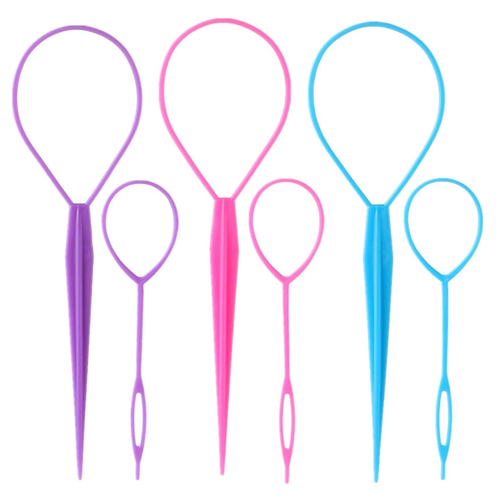 6Pcs Topsy Tail and Hair Loop Styling Tool Set - Ponytail Makers, French Braid Loops in Large and Small, Hair Pull through Tools (Pink, Blue, Purple) for Women and Girls