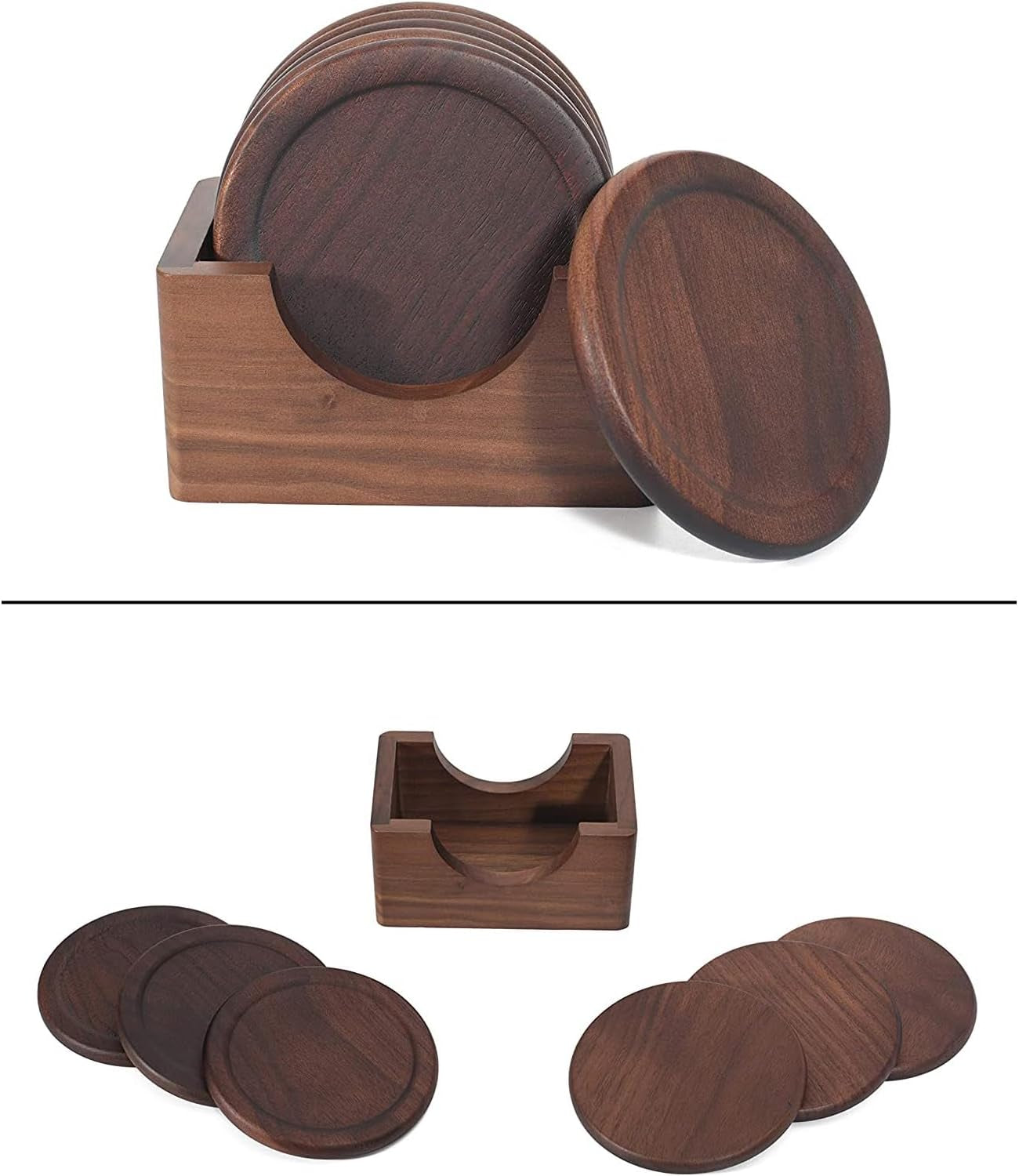 Classic Walnut Dark Coaster Set of 6 Pieces. Including the Holder Pure Natural Wood and Texture. Wonderful Decor for Dining Tables and Office Tables