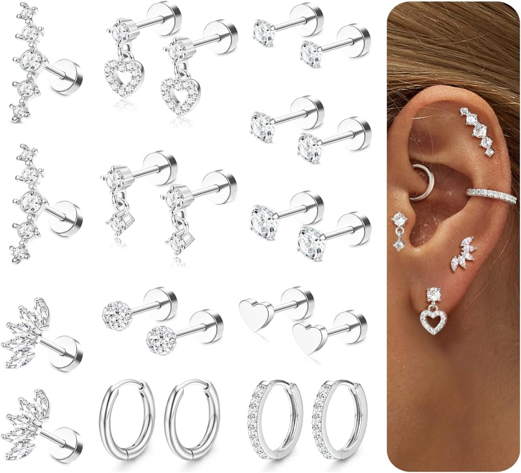 Hypoallergenic Flat Back Earrings for Women Cartilage Earrings Stacks-20G Surgical Stainless Steel Flatback Stud Hoop Earring Set Daith Conch Tragus Helix Piercing Jewelry