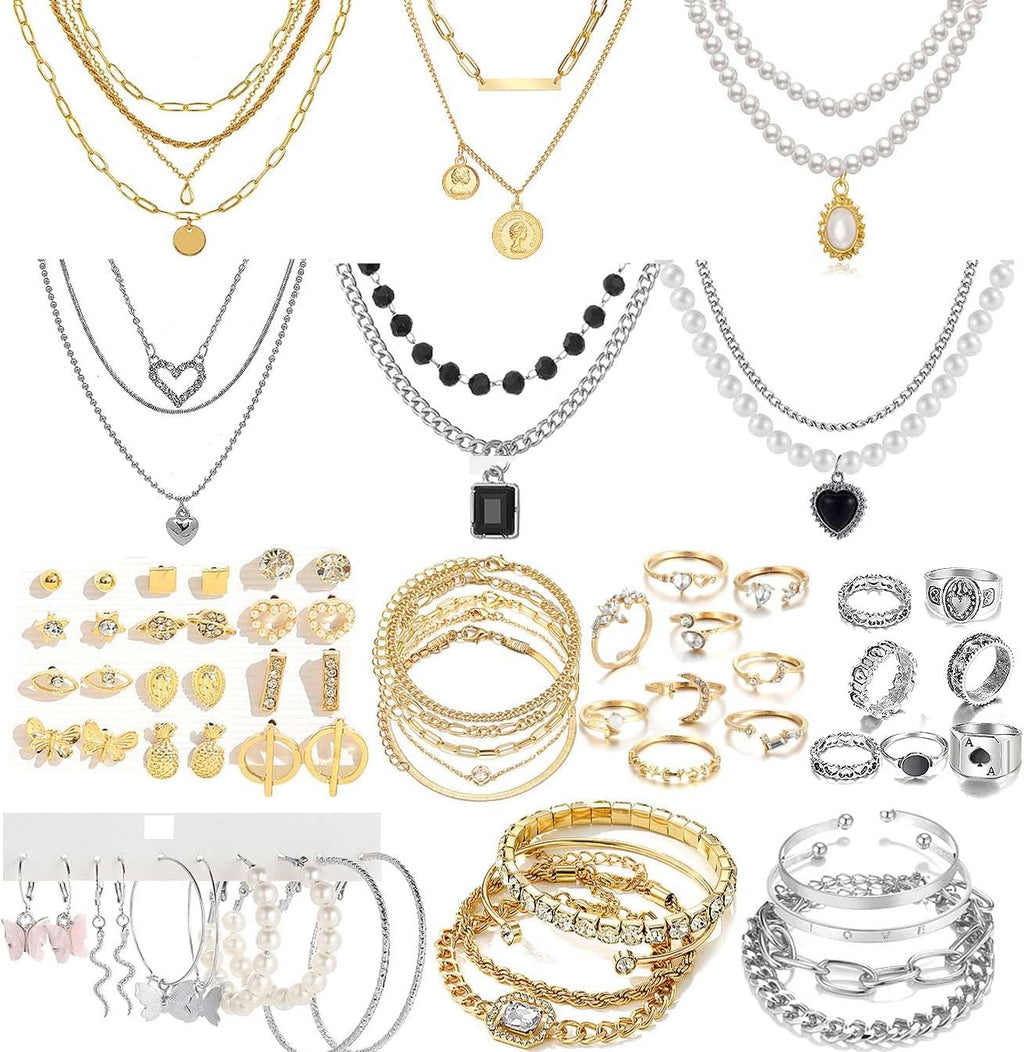 73 Pcs Gold Jewelry Set with 6Pcs Layered Necklace, 11 Pcs Anklet and 7Pcs Earring Ear Cuff,12Hoop Earrings ,15Pcs Rings,21Pcs Stud Earrings Jewerly Set for Women Pack for Friendship Party Gift