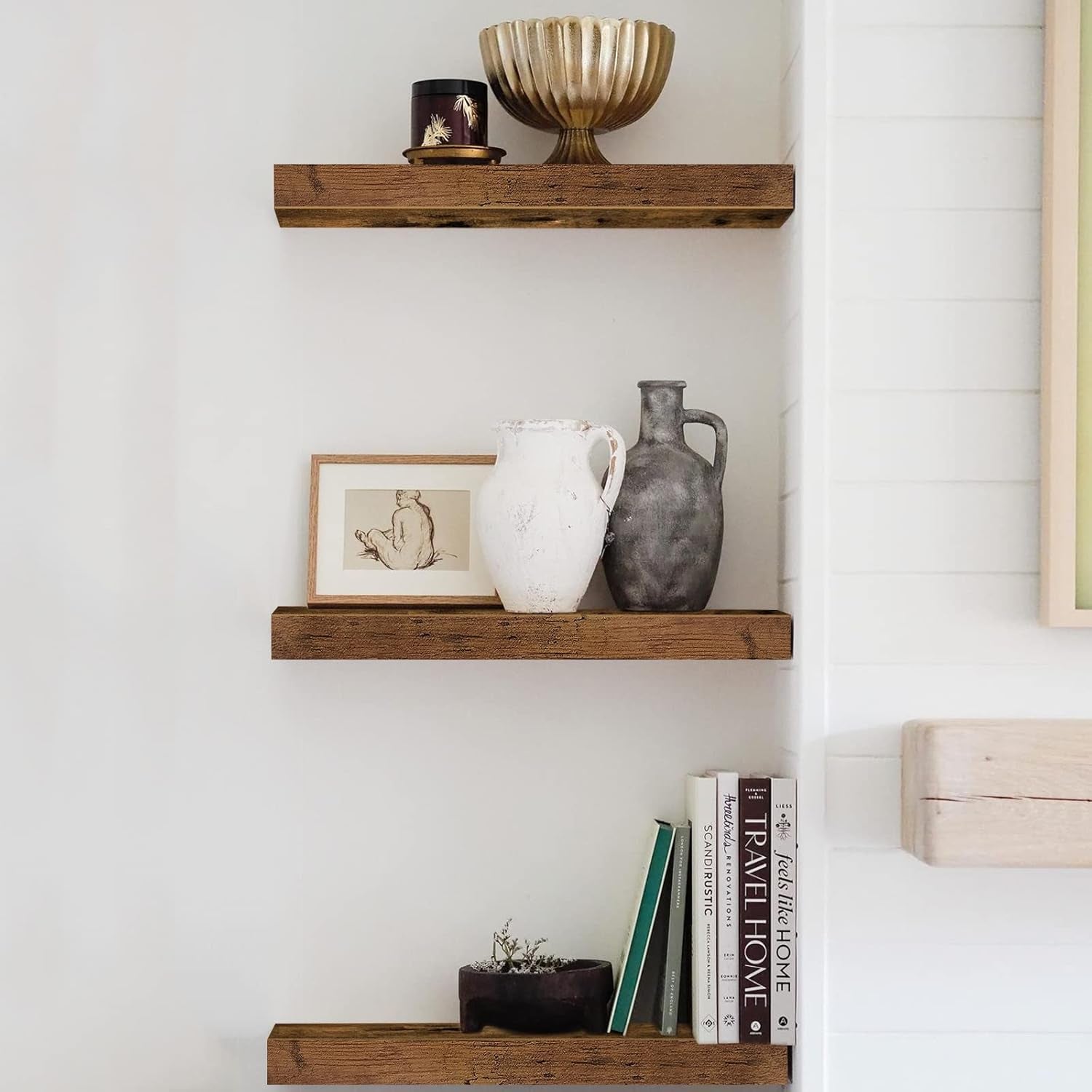 Floating Shelves for Wall Bathroom Shelf Bedroom Kitchen Living Room Hanging Book Shelves Small Farmhouse Decor 16 Inch Set of 3, Rustic Brown (015-BN3)