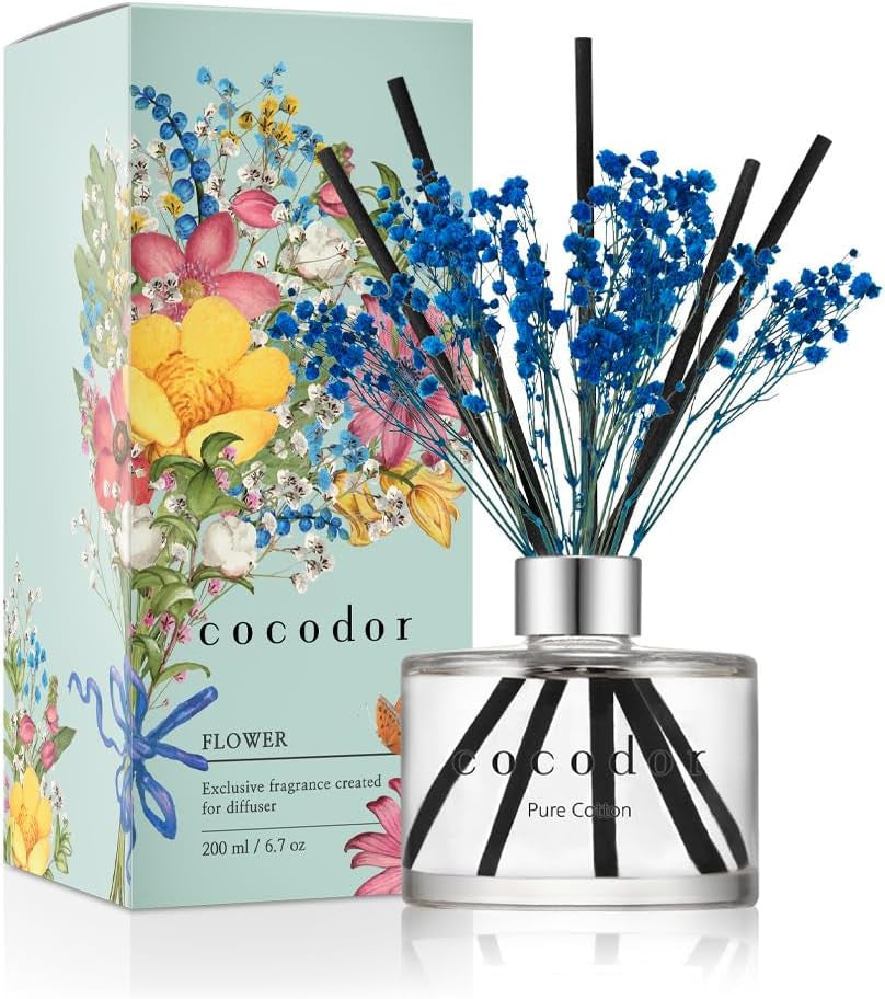 COCODOR Flower Reed Diffuser Set / 6.7Oz / White Jasmine/Scent Diffuser with Sticks Home Fragrance Reed Diffuser for Bathroom Shelf Decor