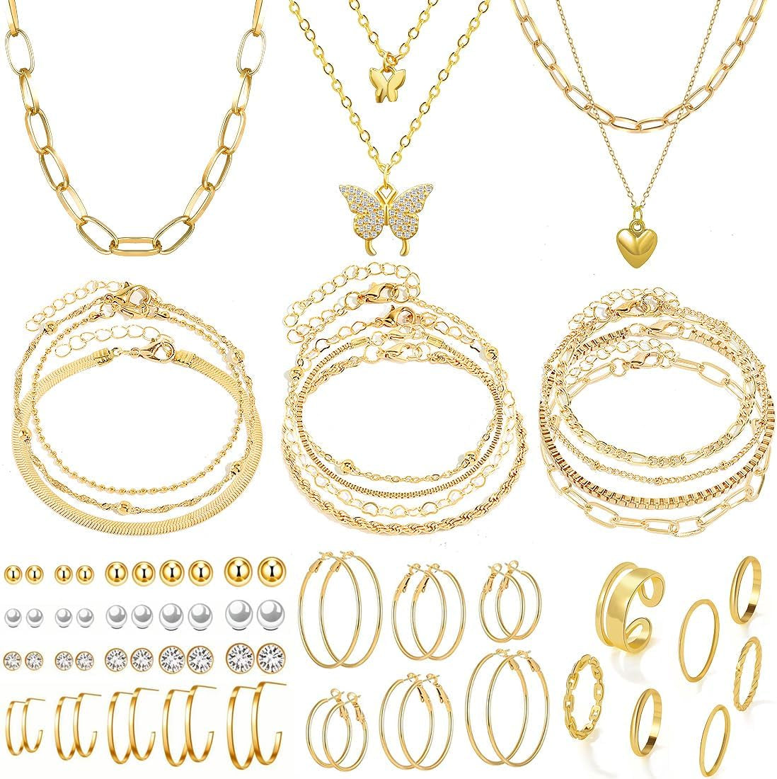 47Pcs Gold Jewelry Set with 3 PCS Necklace, 11 PCS Bracelet,20Pcs Hoop Stud Earrings,7Pcs Rings Set for Women for Birthday Gifts