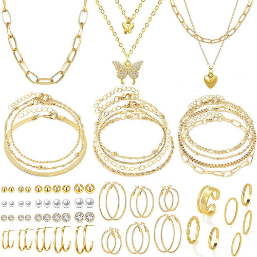 47Pcs Gold Jewelry Set with 3 PCS Necklace, 11 PCS Bracelet,20Pcs Hoop Stud Earrings,7Pcs Rings Set for Women for Birthday Gifts