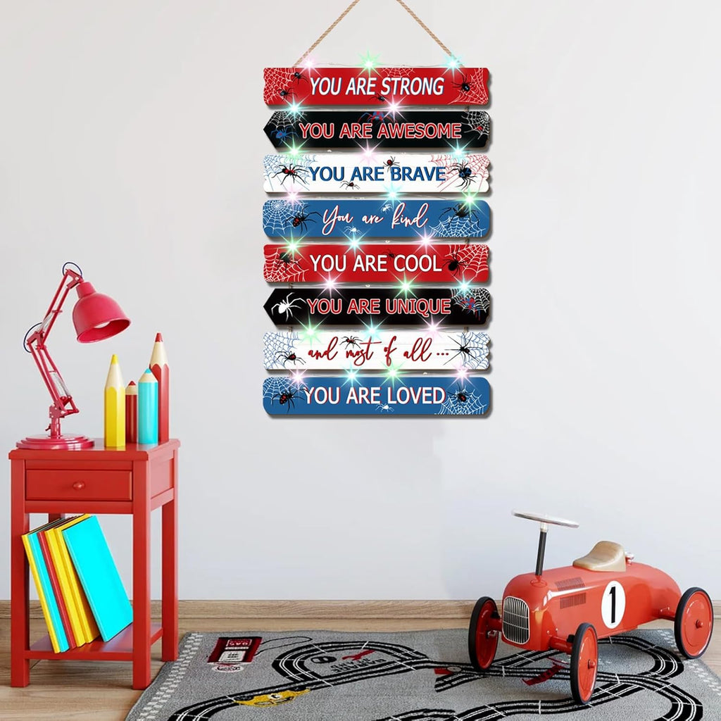 Spider Room Decor with LED Lights Bedroom Boys Room Wall Decor Children Inspirational Motivational Wall Art Wooden Wall Decor Little Boy Kids Room Interior Decor Toddler Room Sign