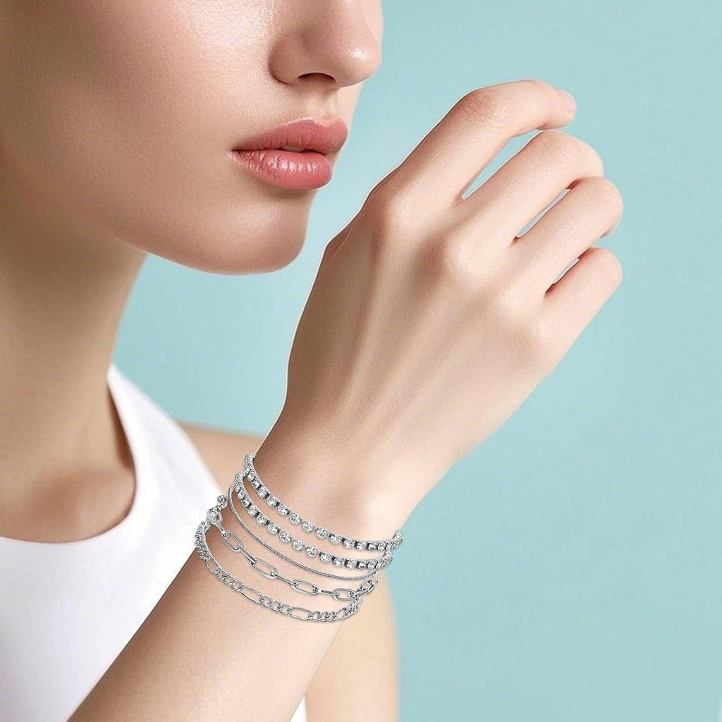34 Pcs Silver Jewelry Set for Women Layered Bracelets Ball Dangle Hoop Earrings Stackable Knuckle Rings Set Dainty Adjustable Necklaces Valentine Anniversary Trendy Party Costume Accessories Jewelry