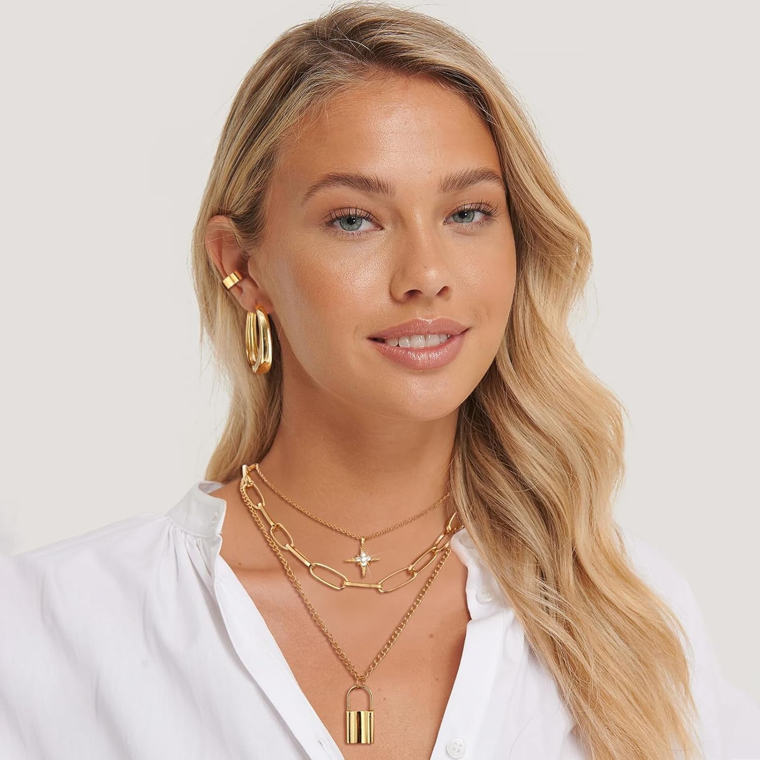 93 Pcs Golden Jewelry Set for Women Costume Jewelry Pack Golden Plated Necklace Bracelet Stackable Ring Earrings Jewelry for Christmas New Year