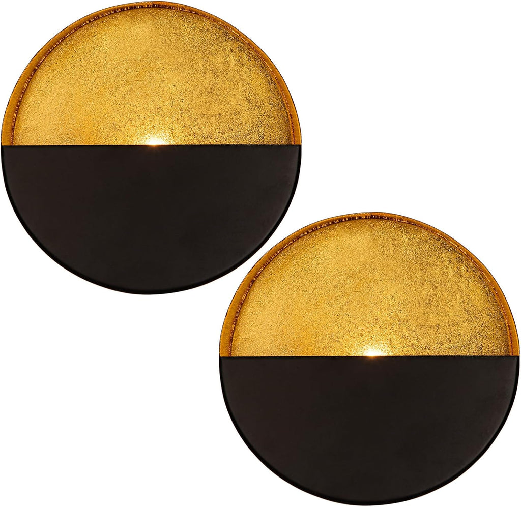 Luxury Metal Wall Candle Sconces – Small Handcrafted Wall-Mounted Tealight Candle Holders with Gold Leaf Interior – Modern & Rustic Home Décor for Living Room, Hallway – 6.5" Black Two Pieces