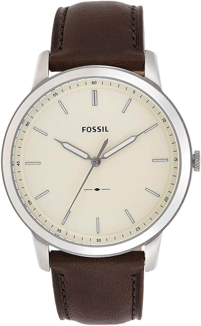 Men'S Minimalist Quartz Stainless Steel and Brown Leather Three-Hand Watch for Men, Color: Silver, Brown
