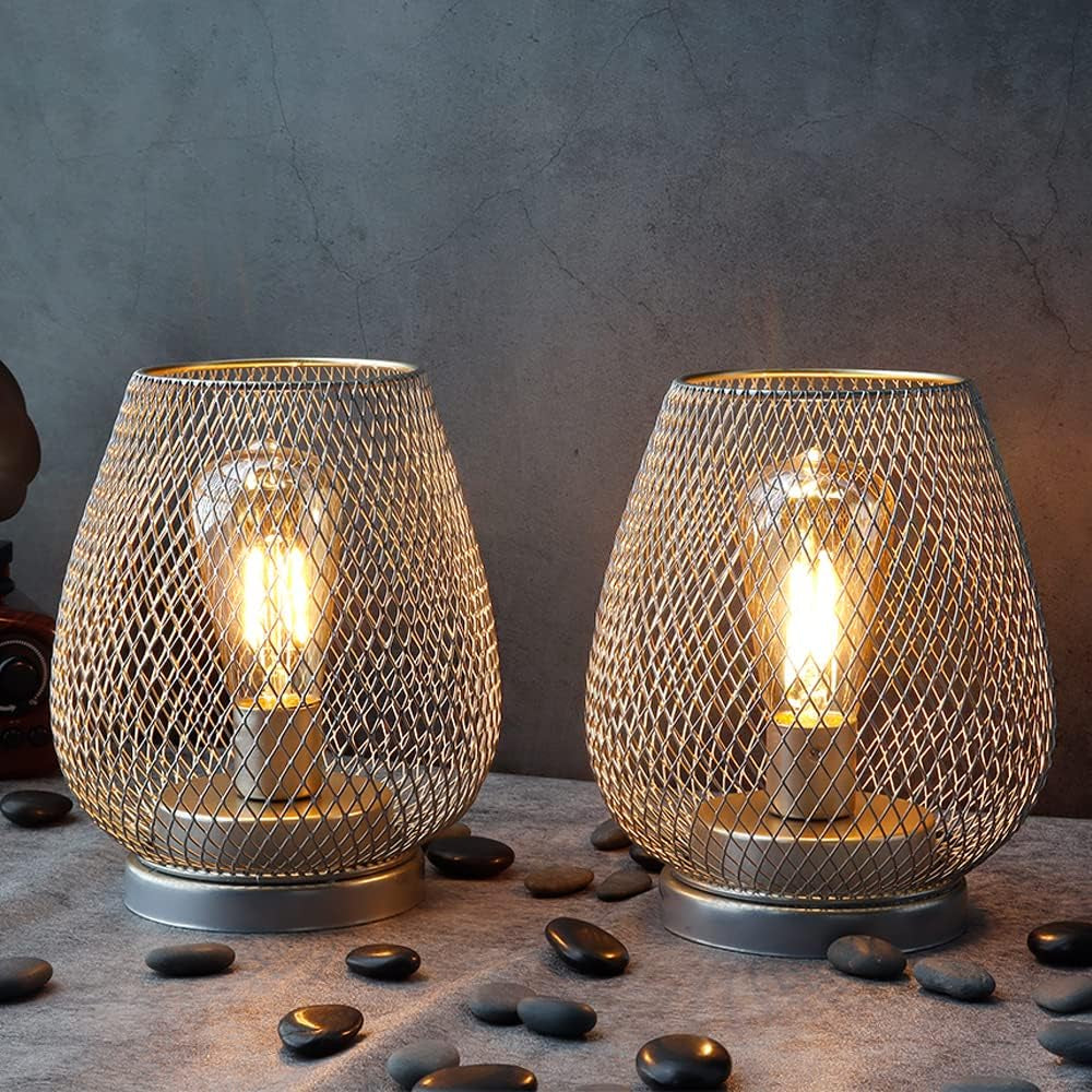 Set of 2 Metal Cage LED Lantern Battery Powered Cordless Accent Light with LED Great for Weddings Parties Patio Events for Indoors Outdoors