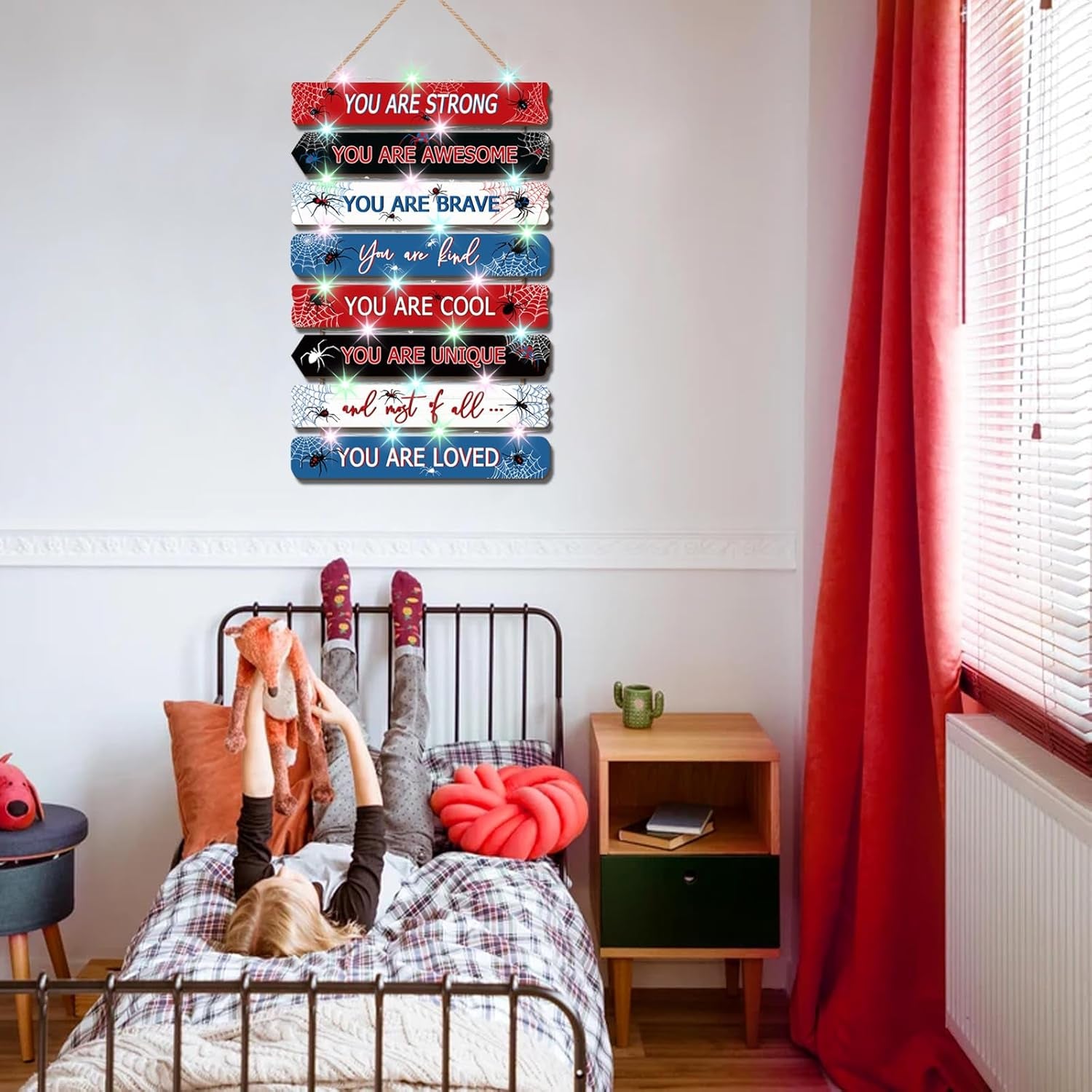 Spider Room Decor with LED Lights Bedroom Boys Room Wall Decor Children Inspirational Motivational Wall Art Wooden Wall Decor Little Boy Kids Room Interior Decor Toddler Room Sign