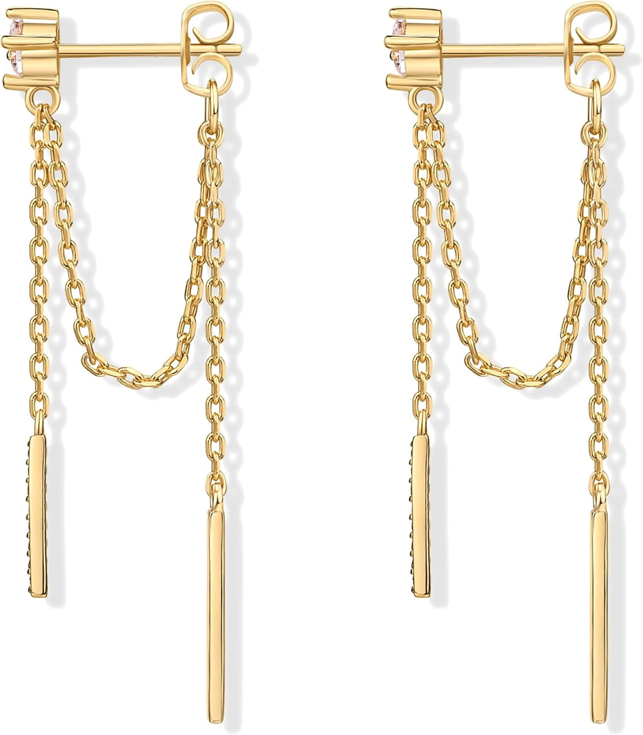 18K Gold Plated 925 Sterling Silver Posts Drop Dangle Chain Earrings for Women | Dangling Chain Studs | Cubic Zirconia Ball Threader Earscapes Earrings