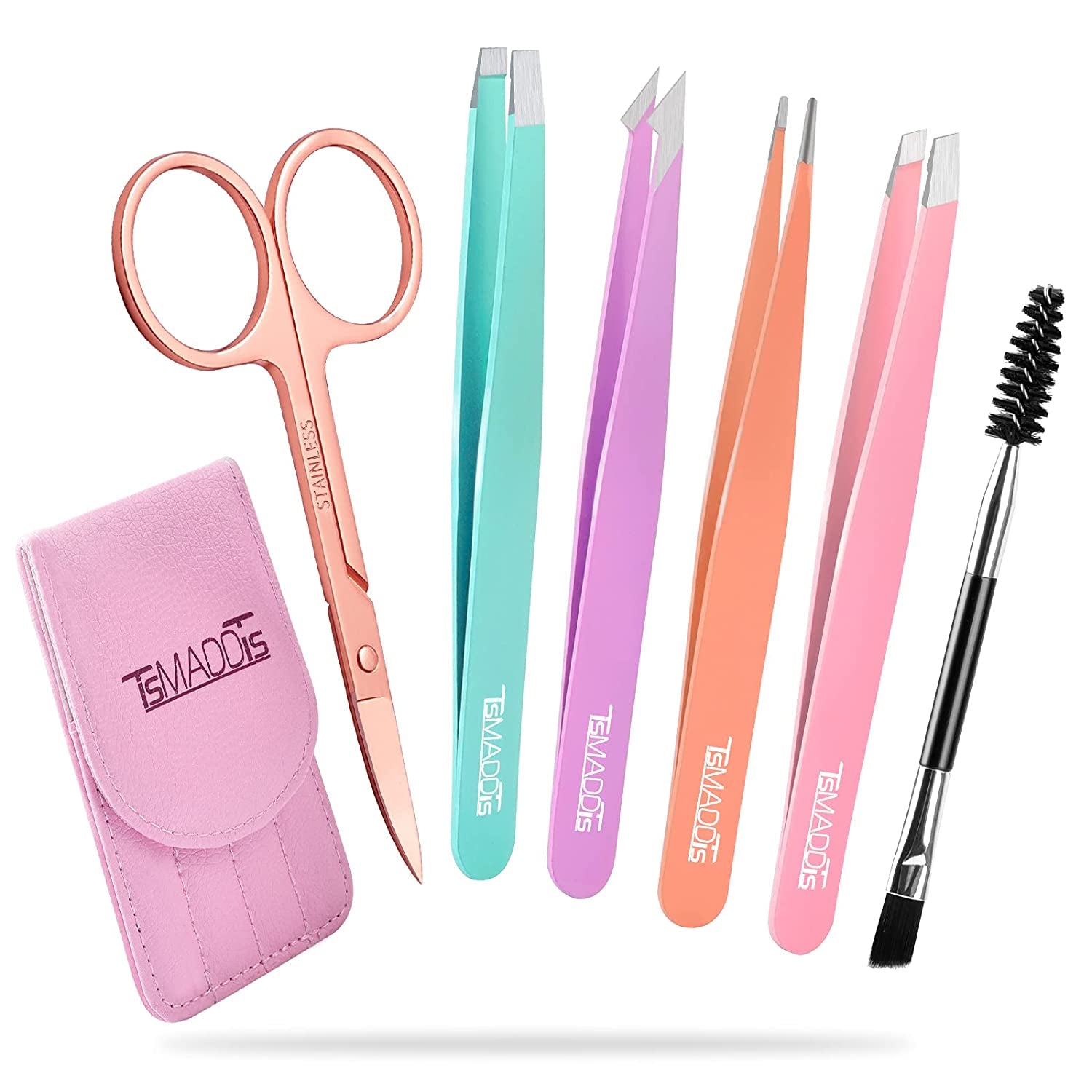 6 Pcs Tweezers Set for Women, Eyebrow Tweezers with Curved Scissor for Ingrown Hair, Hair Plucking Daily Beauty Tools with Leather Travel Case