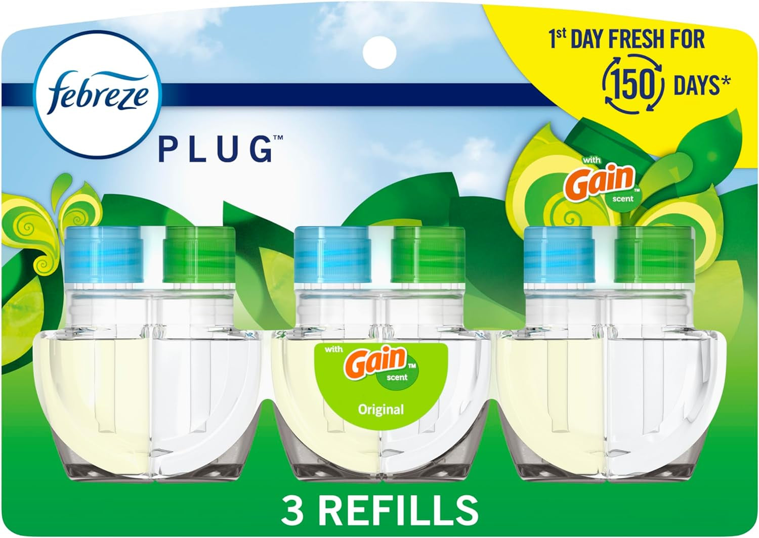 Plug-In Air Freshener, Odor-Fighting Scented Oil Refill, Air Fresheners for Home, Bathroom and Kitchen, Long Lasting, Gain Original Scent, 0.87Oz Refills, Blue and Green, 3 Count