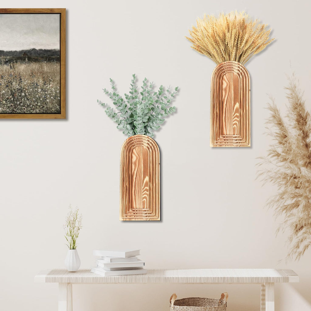 2 Pack Wooden Wall Vase Set - Brown Finish Modern Farmhouse & Boho Wall Decor for Entryway, Hallway, Bathroom, Living Room, Dining Room, Narrow Spaces
