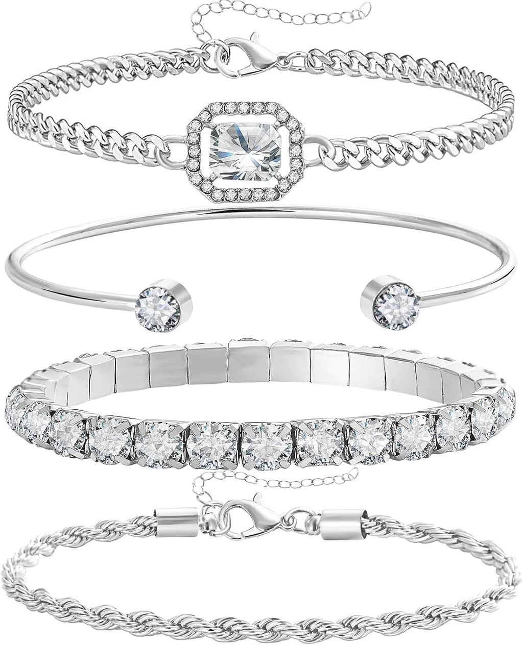 4 Pcs Dainty Gold Silver Bracelets Set for Women 14K Plated Link Cubic Zirconia Paperclip Stake Layering Chain Adjustable Trendy Hand Jewelry