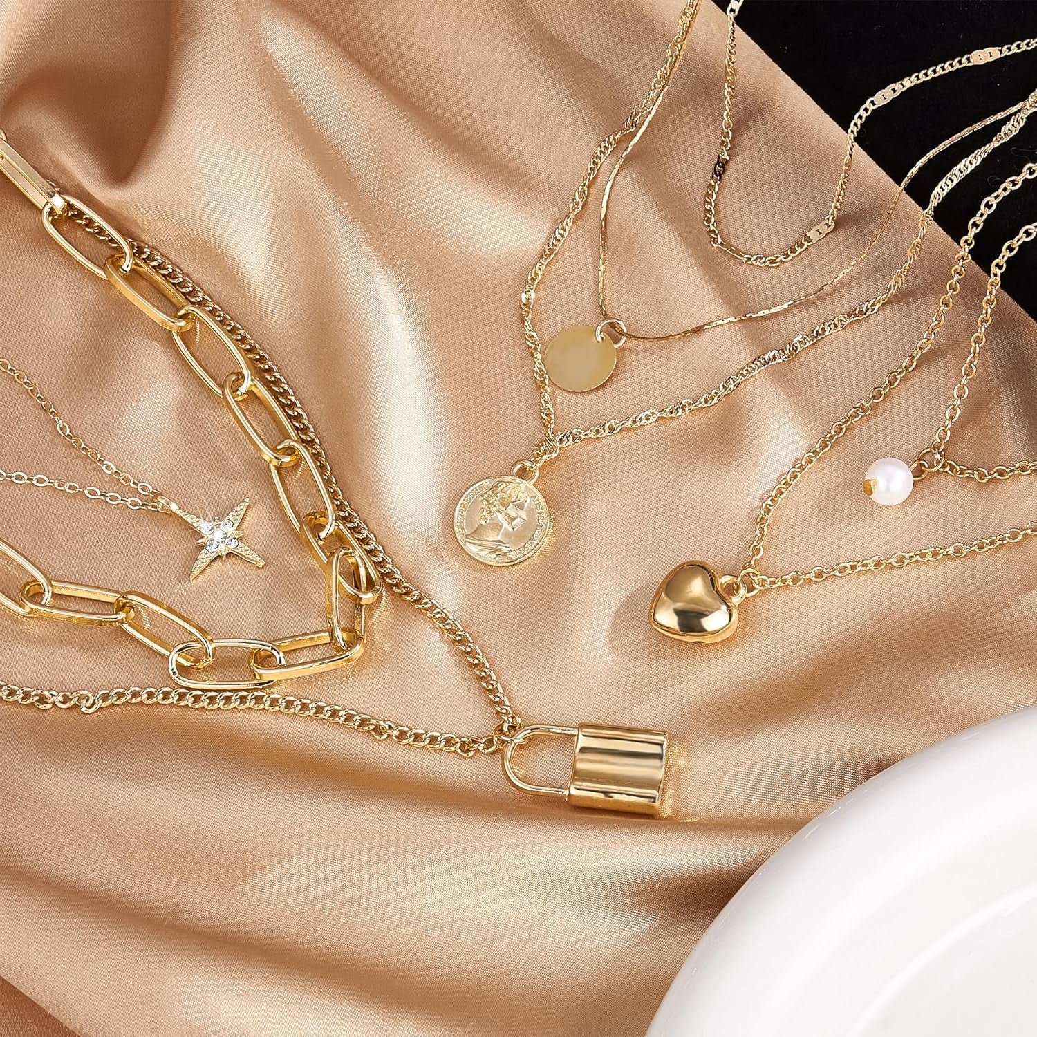 93 Pcs Golden Jewelry Set for Women Costume Jewelry Pack Golden Plated Necklace Bracelet Stackable Ring Earrings Jewelry for Christmas New Year