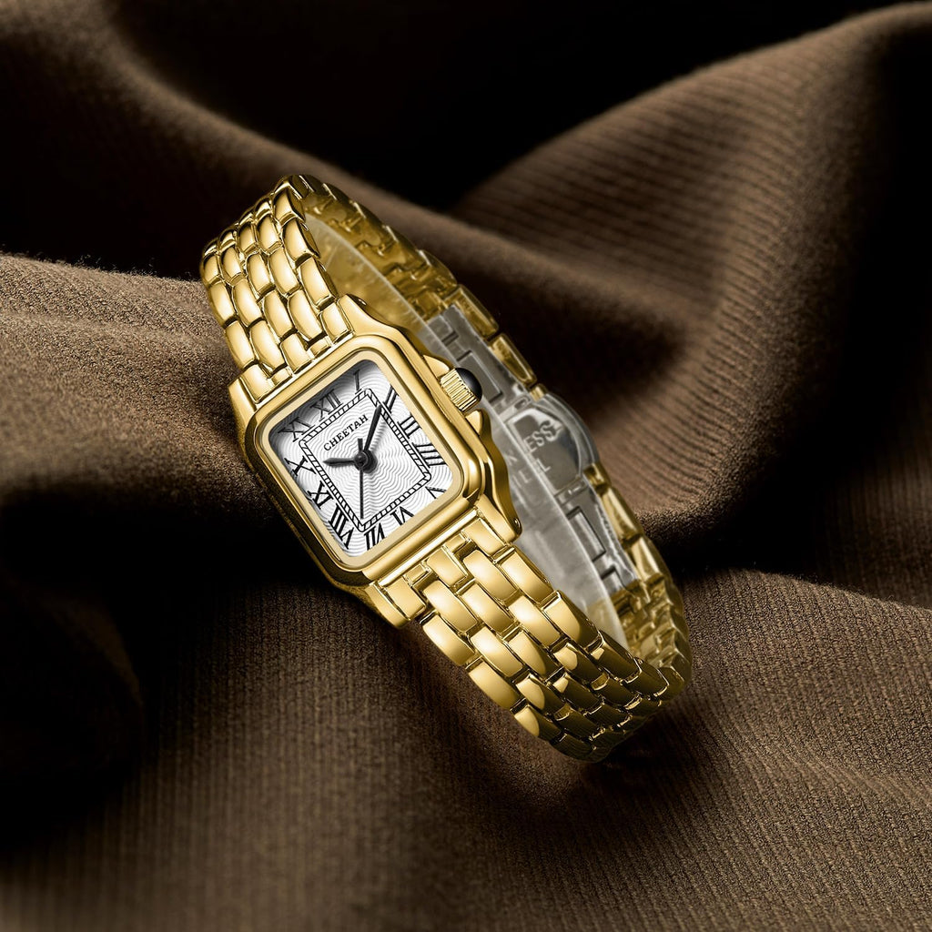 Gold Watches for Women with Small Vintage Bracelet, Rectangular Case Roman Dial