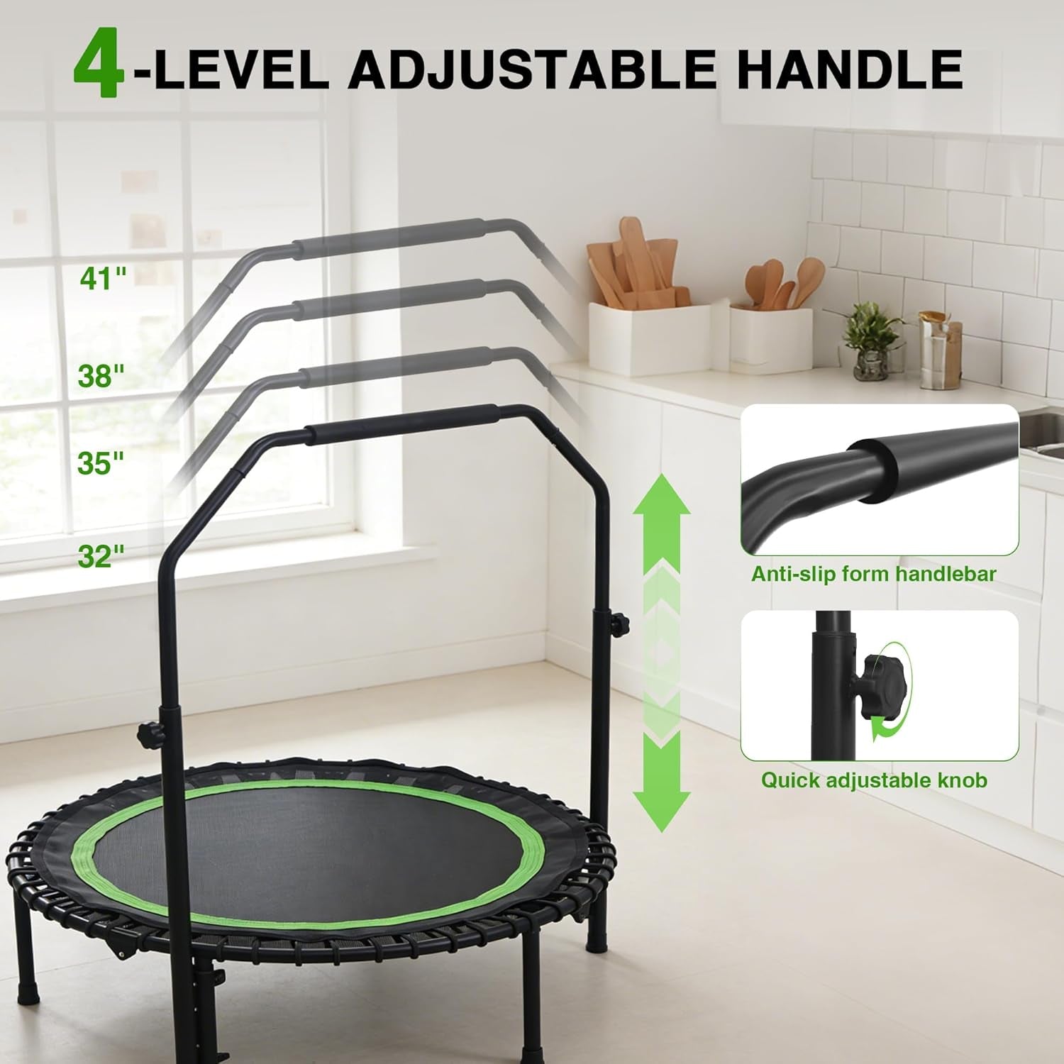 40" Mini Rebounder Trampoline for Adults with Handle, Foldable Mini Trampoline with Bungees, Adjustable Foam Handle, Stable & Quiet, Max Load 440Lbs