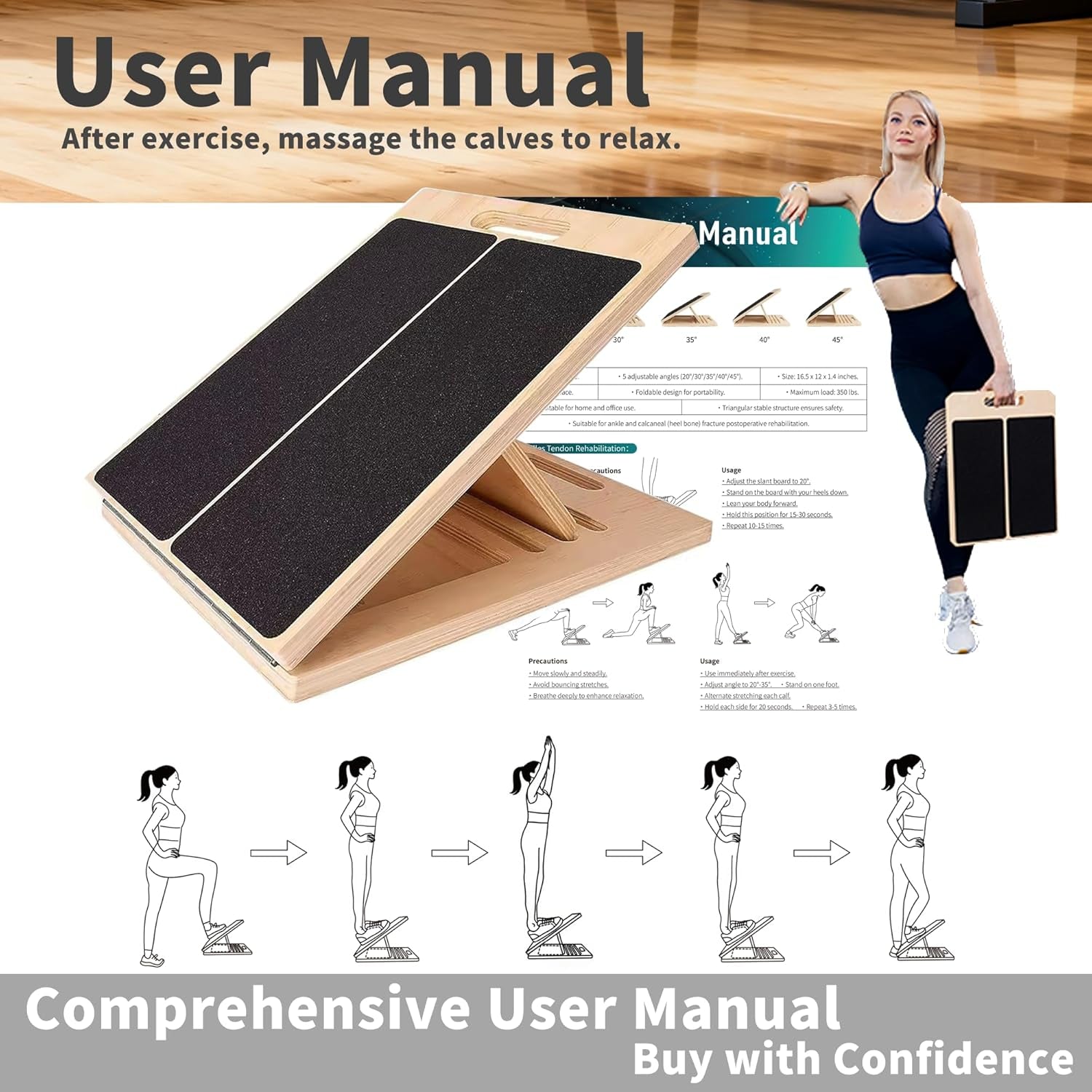 Adjustable 16.5"×12" Wooden Slant Board – 5-Angle Foldable Calf Stretcher & Squat Wedge for Home-Gym, Portable Incline Board, 350 Lb Rated