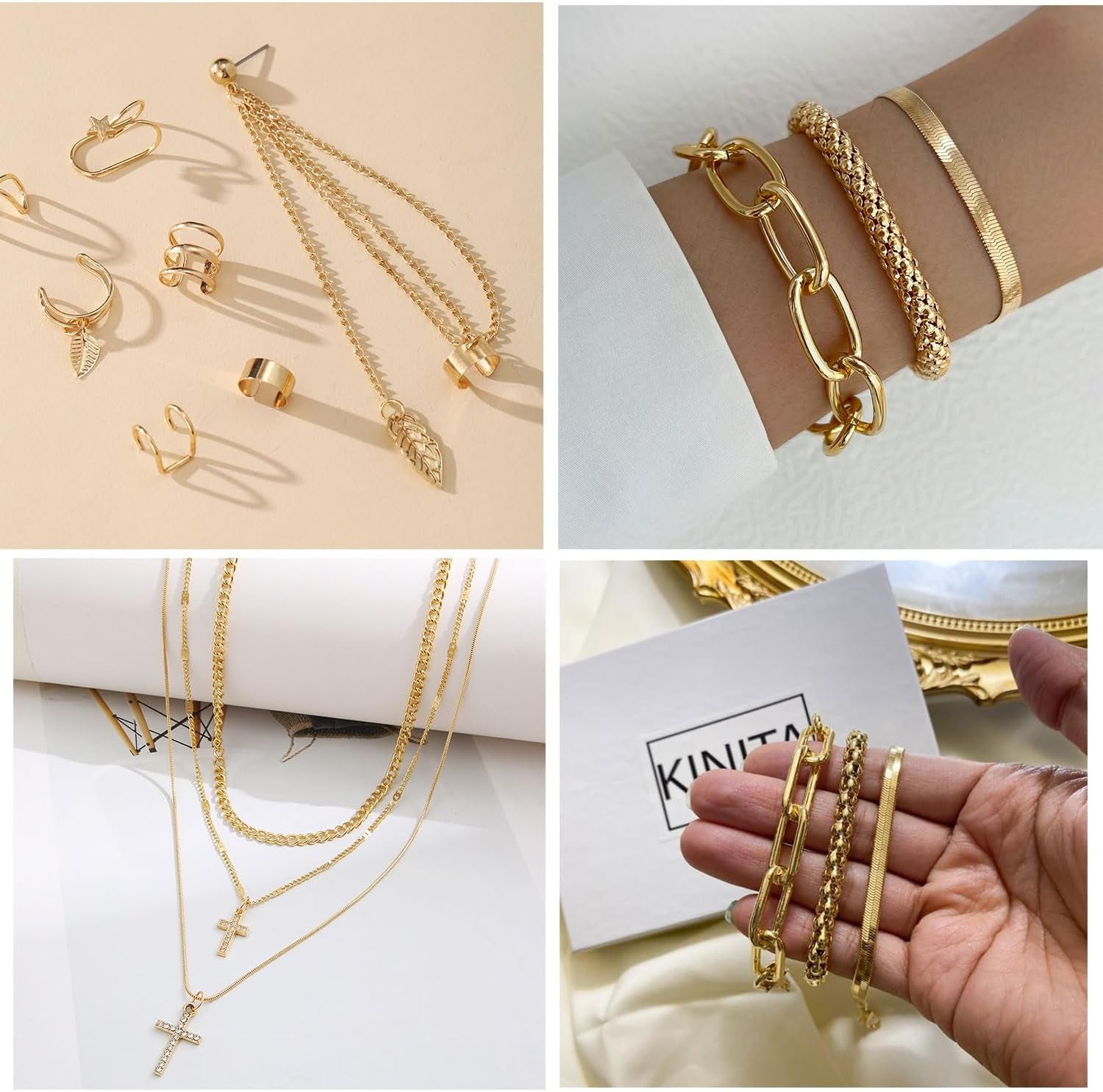 73 Pcs Gold Jewelry Set with 6Pcs Layered Necklace, 11 Pcs Anklet and 7Pcs Earring Ear Cuff,12Hoop Earrings ,15Pcs Rings,21Pcs Stud Earrings Jewerly Set for Women Pack for Friendship Party Gift