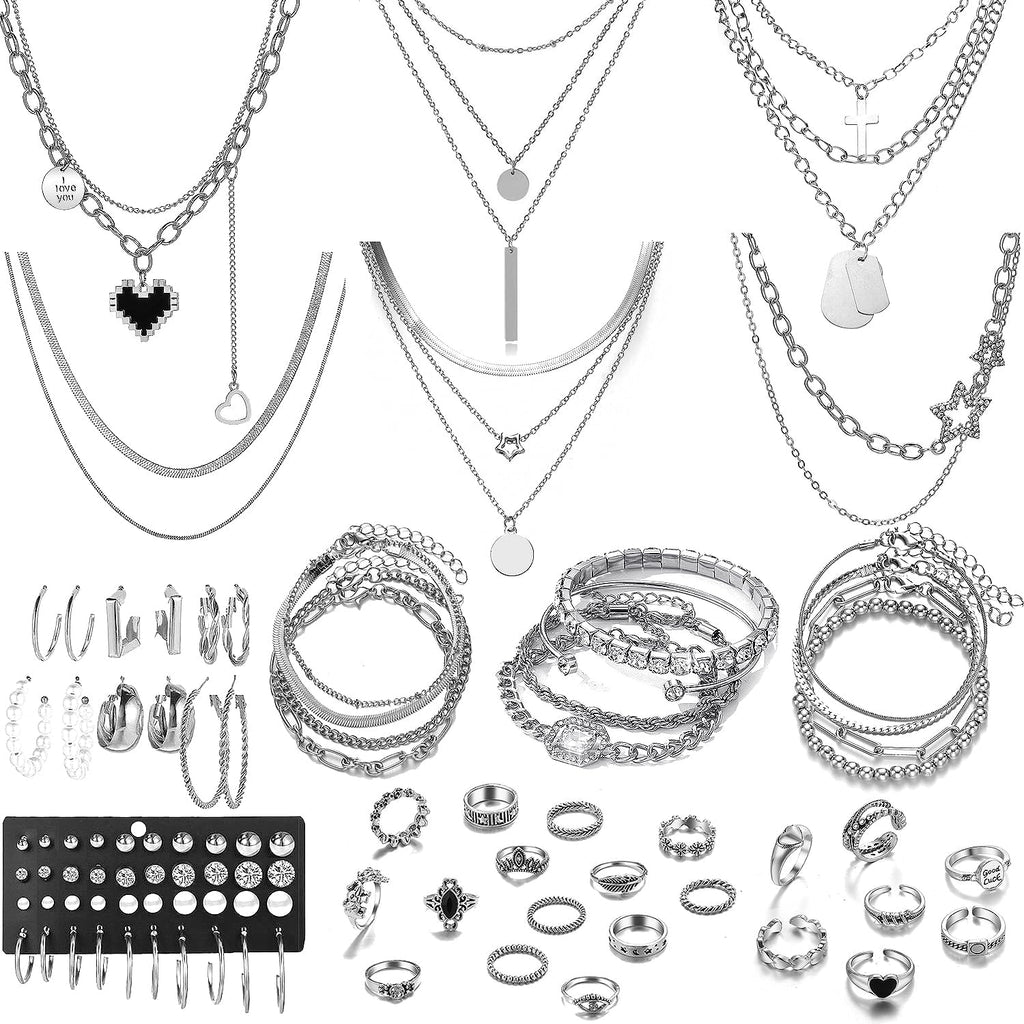 73 Pcs Gold Jewelry Set with 6Pcs Layered Necklace, 11 Pcs Anklet and 7Pcs Earring Ear Cuff,12Hoop Earrings ,15Pcs Rings,21Pcs Stud Earrings Jewerly Set for Women Pack for Friendship Party Gift