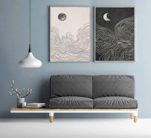 2 Pcs Modern Minimalist Boho Canvas Wall Art Neutral Black and White Abstract Sun and Moon Lines Paintings Pictures Wall Decor Poster Print Artwork for Living Room Bedroom Home Decoration Unframed