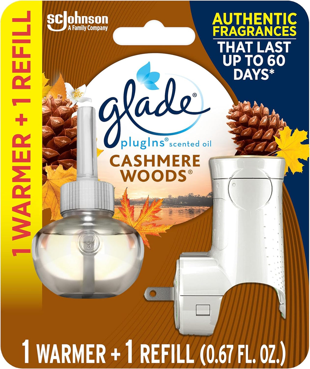 Plugins Refills Air Freshener Starter Kit, Cashmere Woods, Scented and Essential Oils for Home and Bathroom, 0.67 Fl Oz, 1 Warmer + 1 Refill