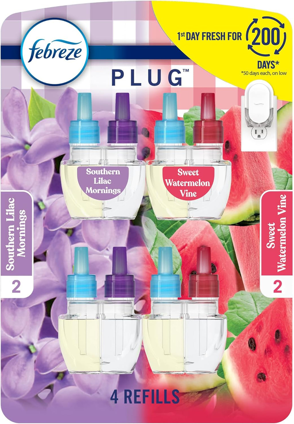 Odor-Fighting Fade Defy PLUG Air Freshener, Southern Lilac Mornings, Sweet Watermelon Vine, Pack of 4 (2 of Each), .79 Fl. Oz. Oil Refill