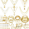 73 Pcs Gold Jewelry Set with 6Pcs Layered Necklace, 11 Pcs Anklet and 7Pcs Earring Ear Cuff,12Hoop Earrings ,15Pcs Rings,21Pcs Stud Earrings Jewerly Set for Women Pack for Friendship Party Gift