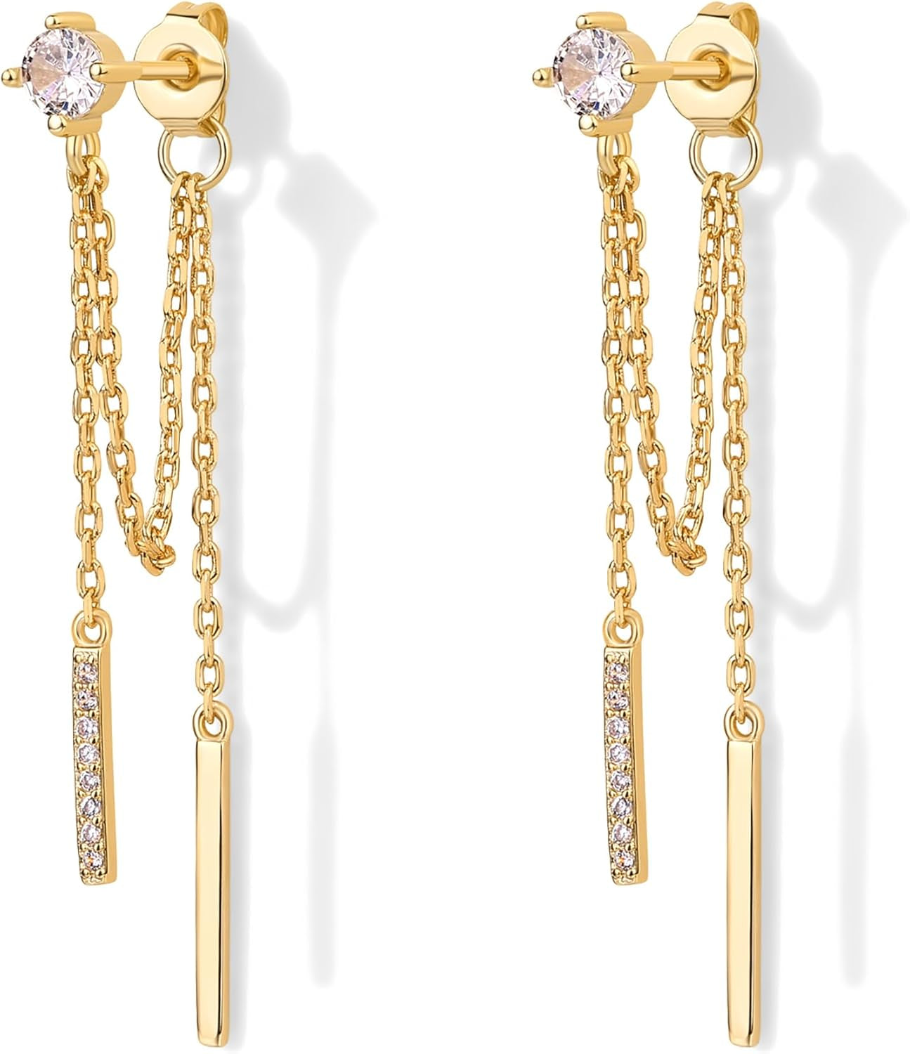 18K Gold Plated 925 Sterling Silver Posts Drop Dangle Chain Earrings for Women | Dangling Chain Studs | Cubic Zirconia Ball Threader Earscapes Earrings
