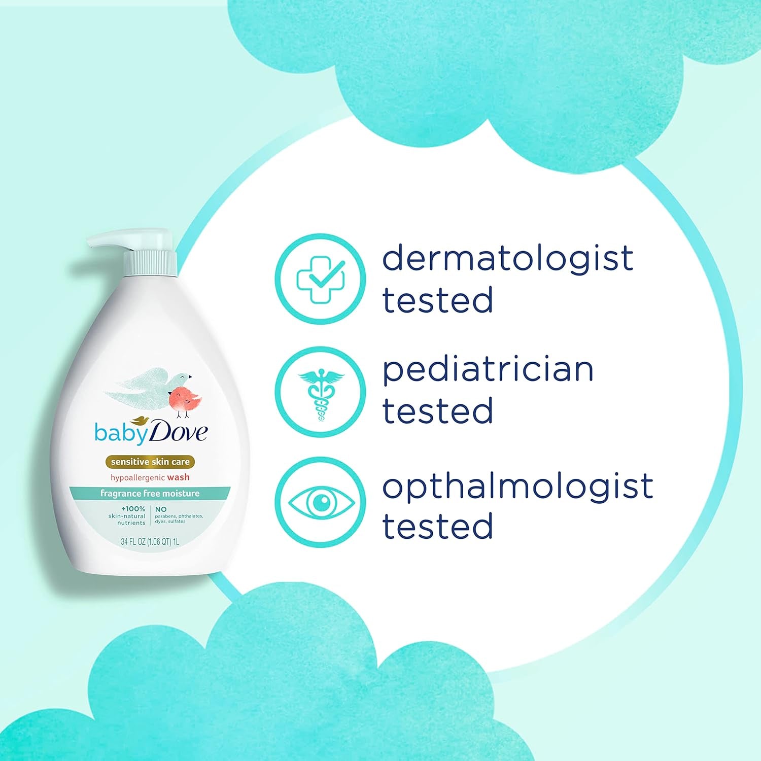 Sensitive Skin Care Baby Wash Fragrance Free Moisture for Baby Bath Time Fragrance Free and Hypoallergenic, Washes Away Bacteria 34 Oz (Pack of 1)