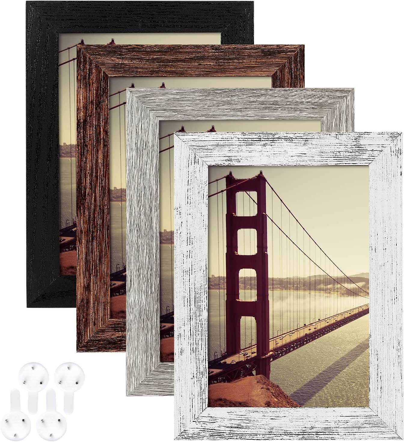 4X6 Picture Frame Distressed Farmhouse Wood Pattern Set of 4,Display 3.5X5 with Mat or 4X6 without Mat,Multicolour