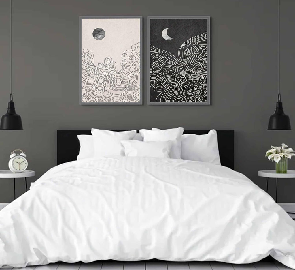 2 Pcs Modern Minimalist Boho Canvas Wall Art Neutral Black and White Abstract Sun and Moon Lines Paintings Pictures Wall Decor Poster Print Artwork for Living Room Bedroom Home Decoration Unframed