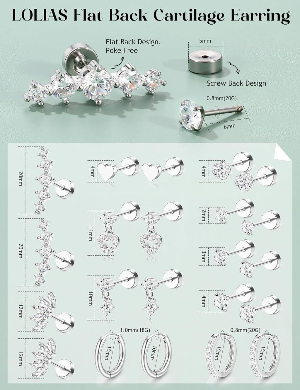 Hypoallergenic Flat Back Earrings for Women Cartilage Earrings Stacks-20G Surgical Stainless Steel Flatback Stud Hoop Earring Set Daith Conch Tragus Helix Piercing Jewelry
