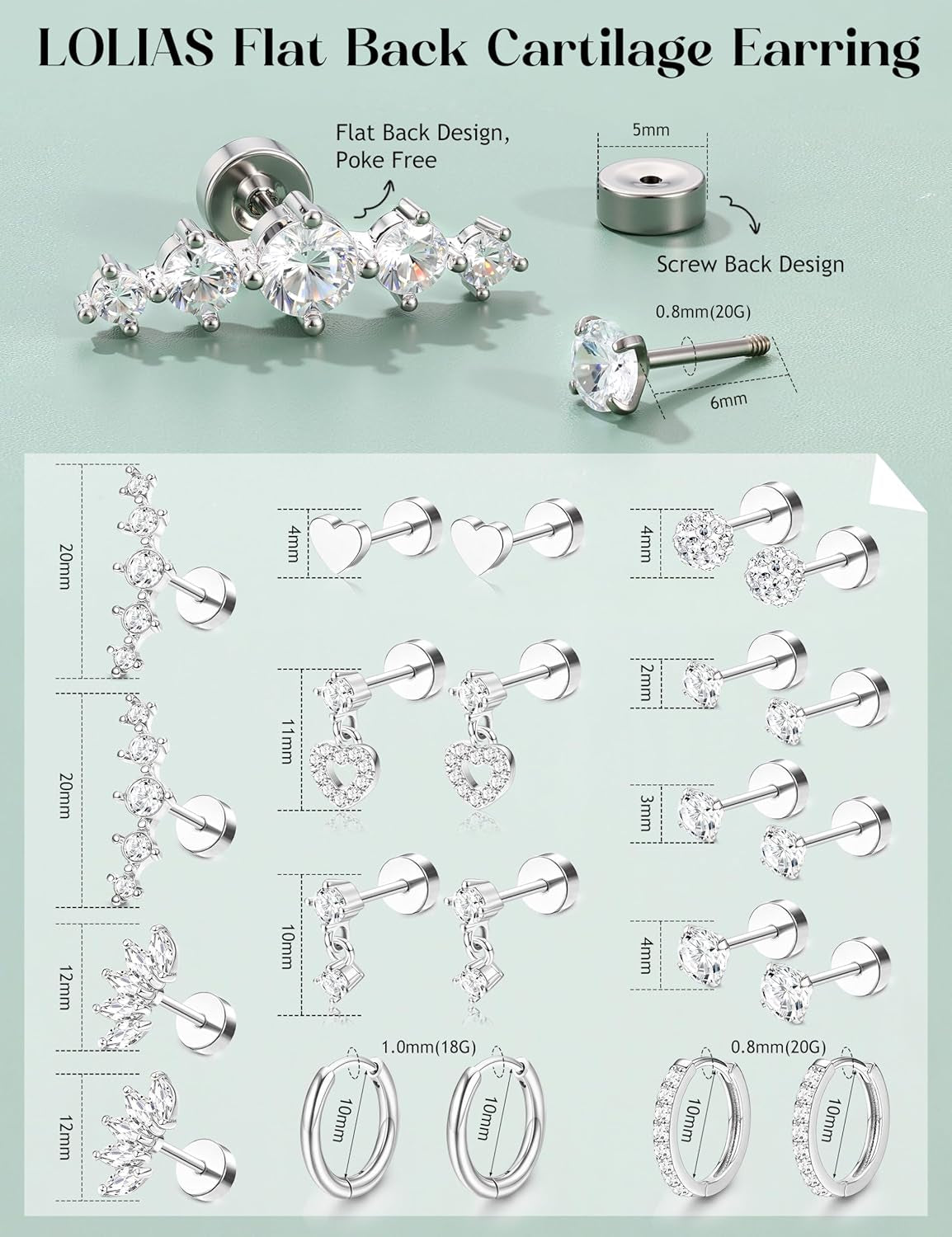 Hypoallergenic Flat Back Earrings for Women Cartilage Earrings Stacks-20G Surgical Stainless Steel Flatback Stud Hoop Earring Set Daith Conch Tragus Helix Piercing Jewelry