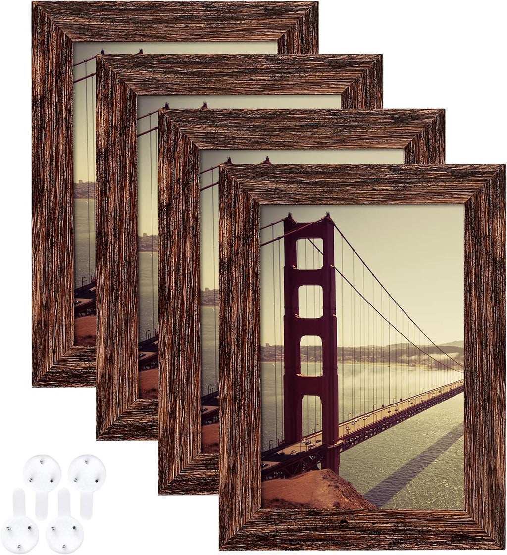 4X6 Picture Frame Distressed Farmhouse Wood Pattern Set of 4,Display 3.5X5 with Mat or 4X6 without Mat,Multicolour