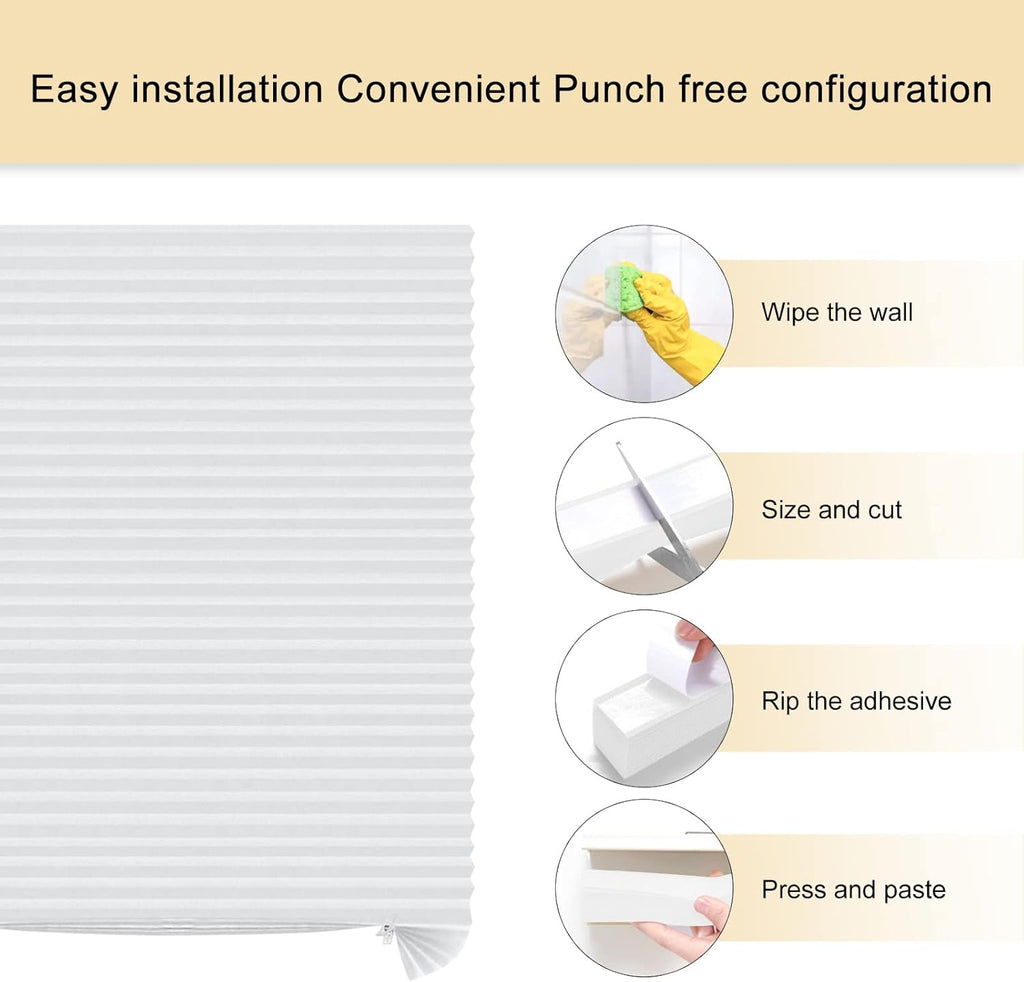 Cordless No-Drill Pleated Paper Window Blinds – Self-Adhesive Temporary
