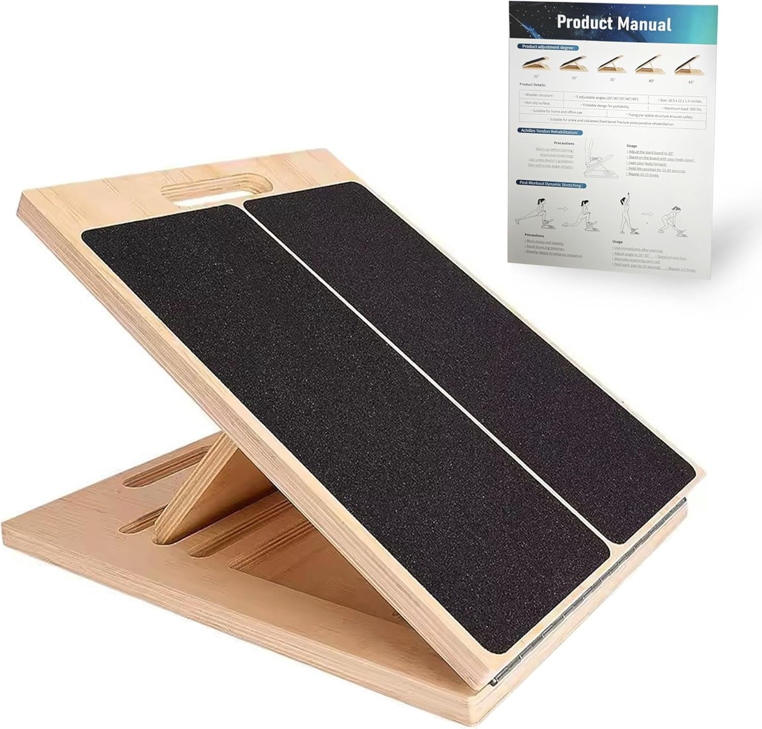 Adjustable 16.5"×12" Wooden Slant Board – 5-Angle Foldable Calf Stretcher & Squat Wedge for Home-Gym, Portable Incline Board, 350 Lb Rated