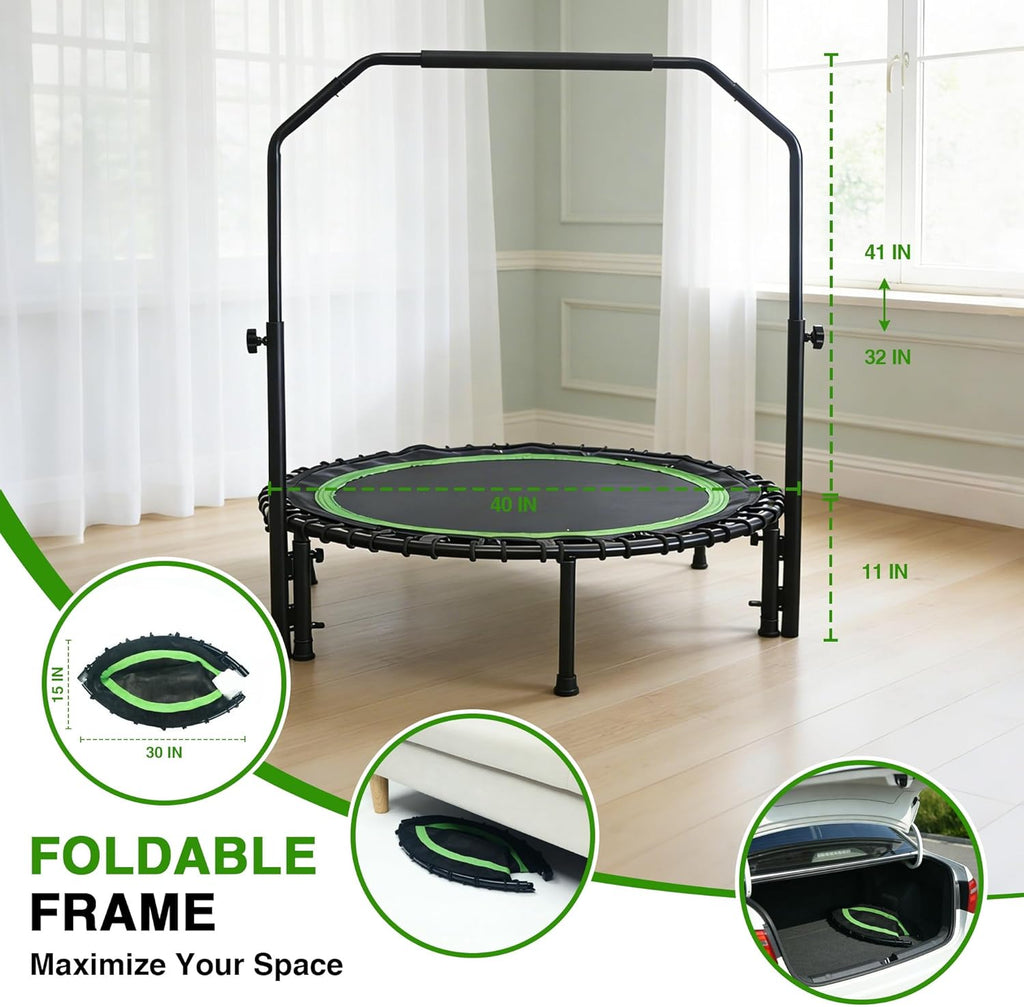 40" Mini Rebounder Trampoline for Adults with Handle, Foldable Mini Trampoline with Bungees, Adjustable Foam Handle, Stable & Quiet, Max Load 440Lbs