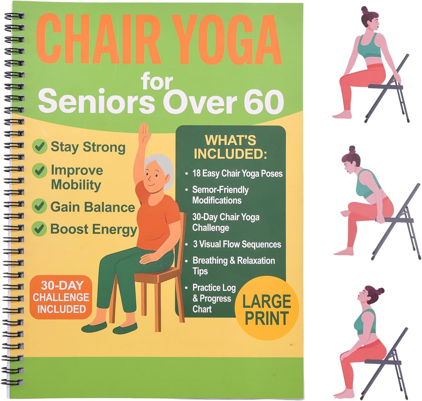 Chair Yoga for Seniors over 60 Book & Chart, Gentle Seated Chair Yoga Guide, 30-Day Challenge for Flexibility & Balance, A4 Size Easy to Follow Chair Yoga Routine for Older Adults