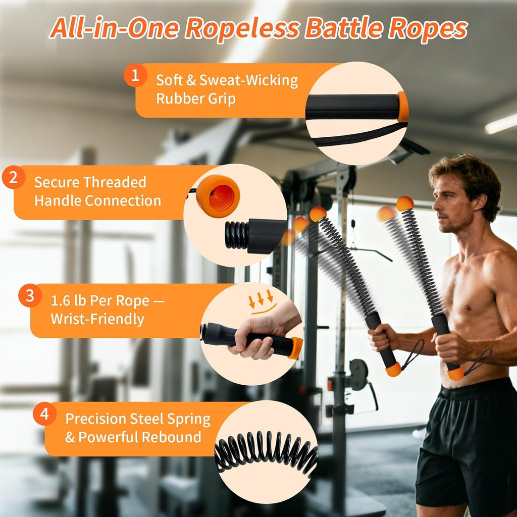 Ropeless Battle Ropes Weighted — 2 Pack Portable Cordless Battle Ropes for HIIT & Cardio Full-Body Workout Tool with Non-Slip Spiral Handles, Travel-Friendly Home Gym Equipment for Women & Men